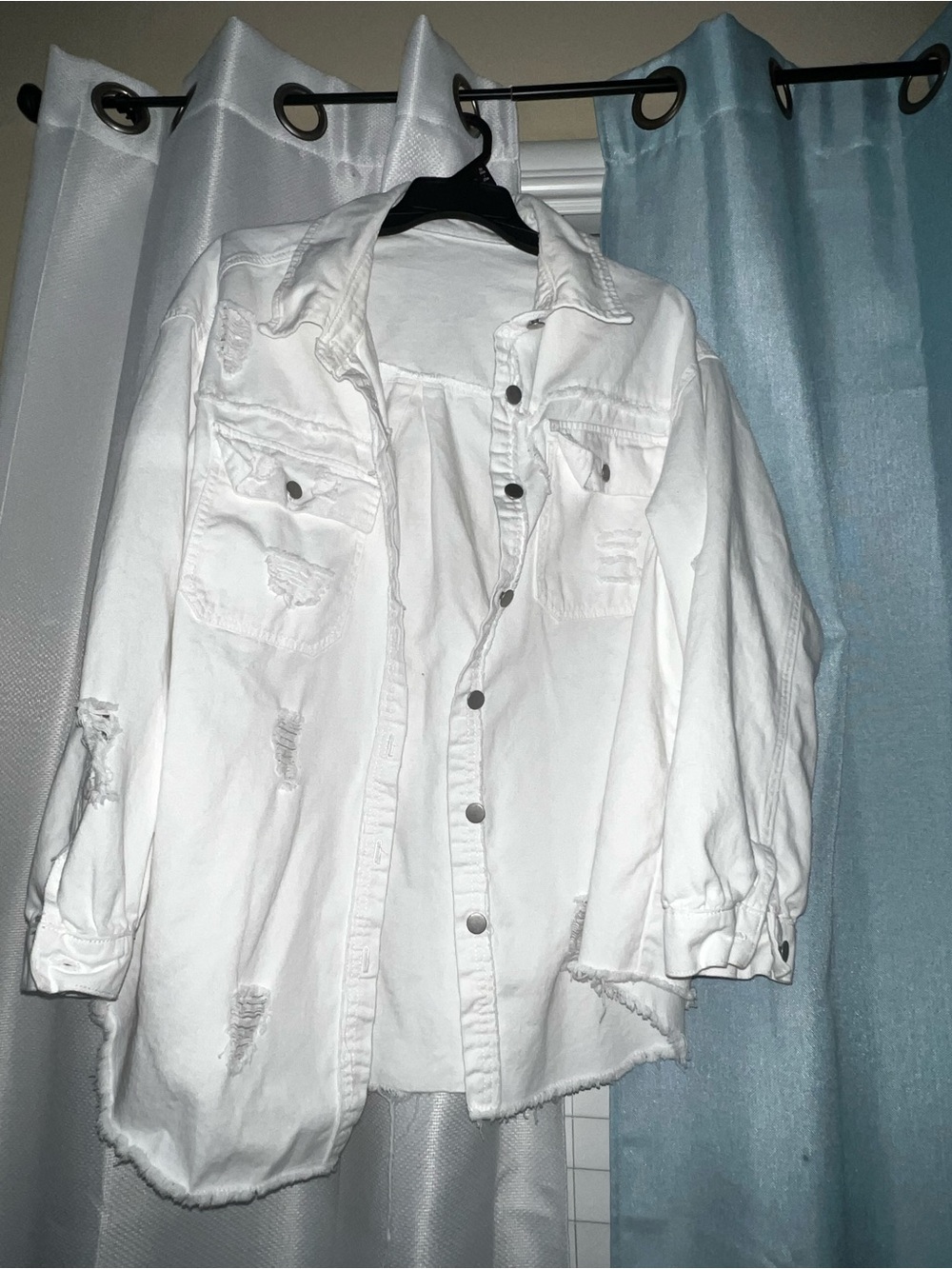 White Distressed Men's Button-Up Shirt Jacket